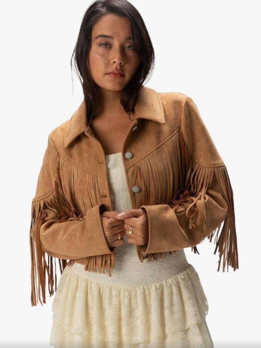 West of Melrose Suede Fringe Cropped Jacket- Tan